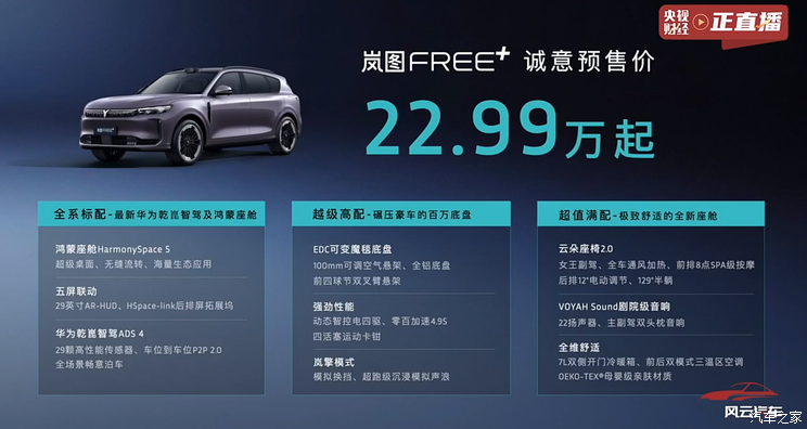 预售价22.99万元起 定位中大型SUV 岚图FREE+开启预售！